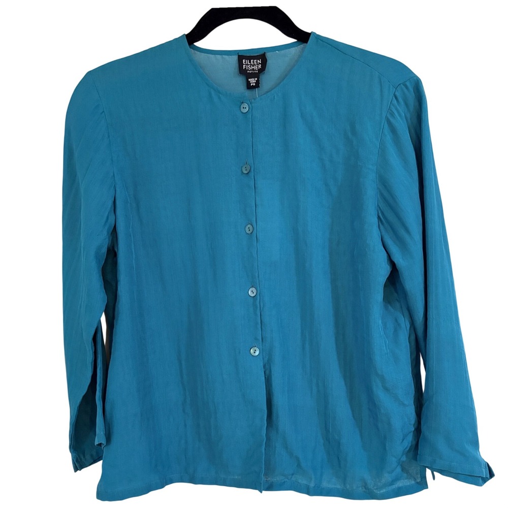 Eileen Fisher Silk Cotton Ripple Shirt Teal Blue Petite PS 1U3A8-T103P NWT